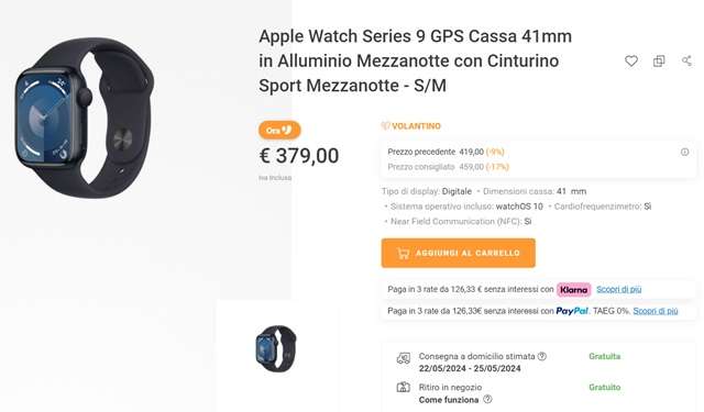 apple watch series 9 a 379 euro da unieuro