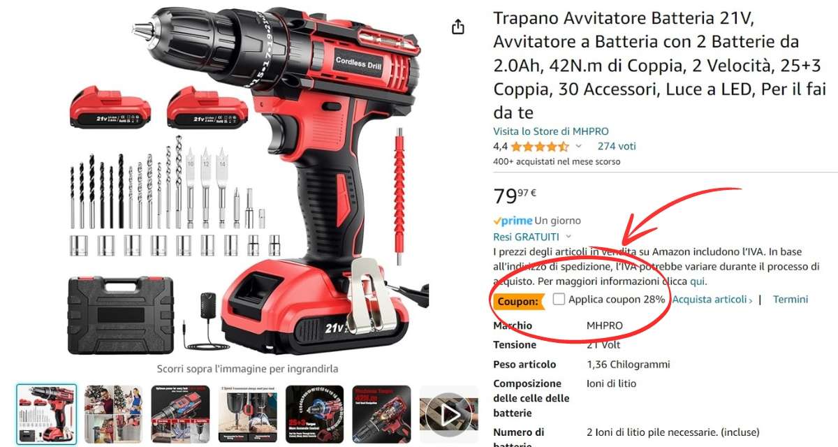 bomba-amazon-trapano-avvitatore-valigetta-accessori-soli-57e-coupon