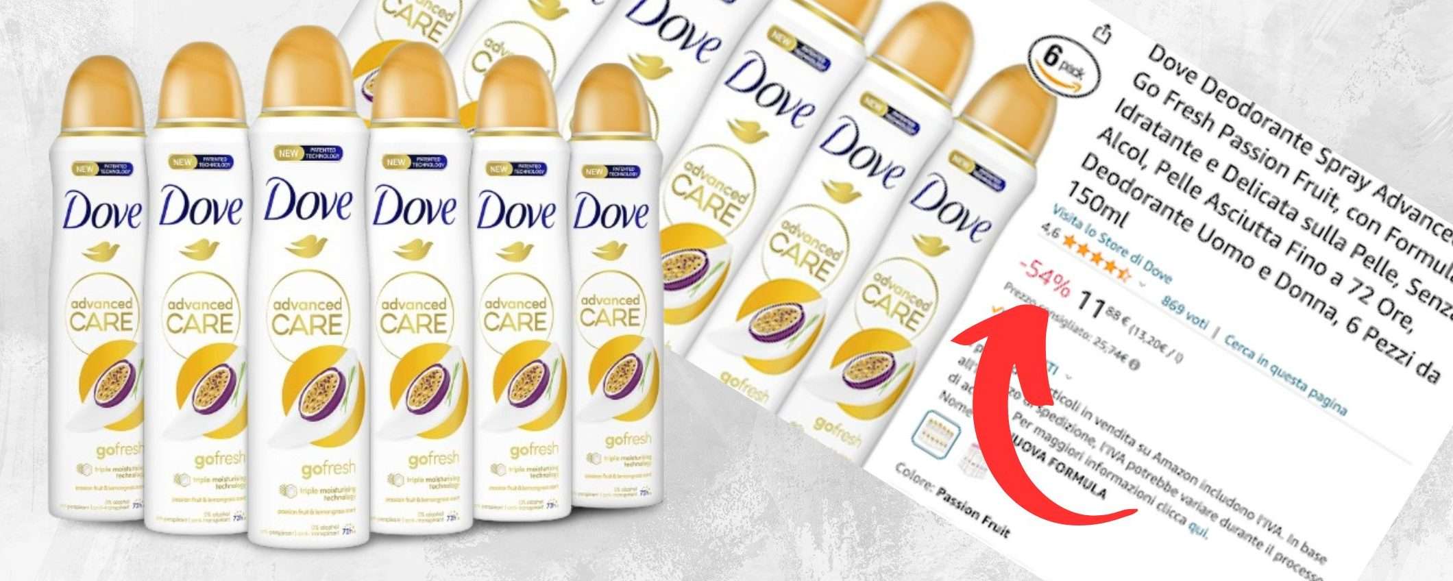 Dove, deodorante MEGA SCORTA in promo SHOCK su Amazon: 6 pz a 11,88€ (-54%)