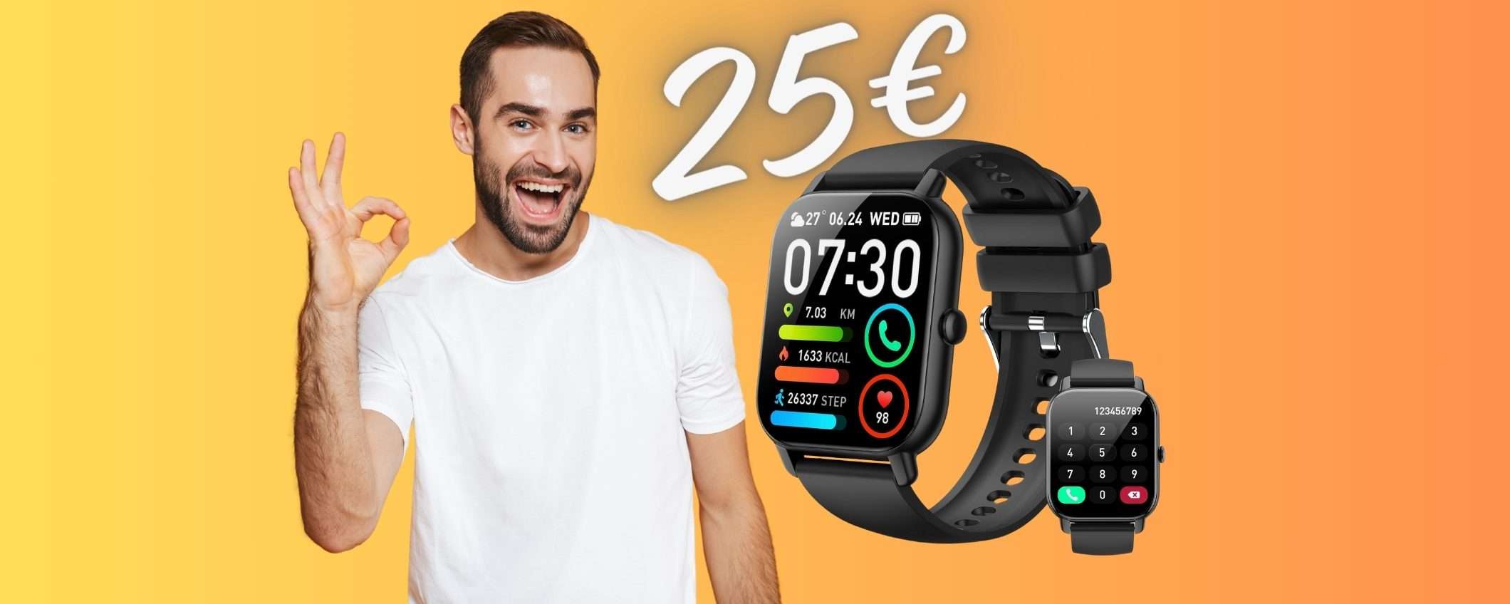 Smartwatch con 112 profili sport e microfono per chiamate a 25€