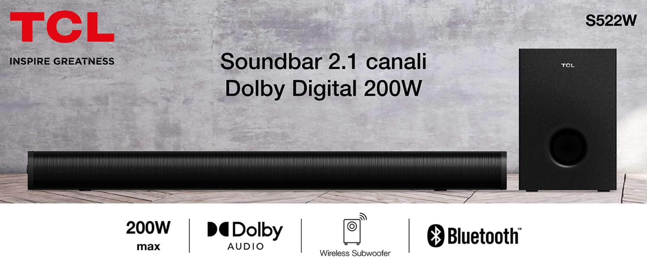 TCL: soundbar 200W SFONDA MURI con subwoofer wireless SCONTATISSIMA (69€)