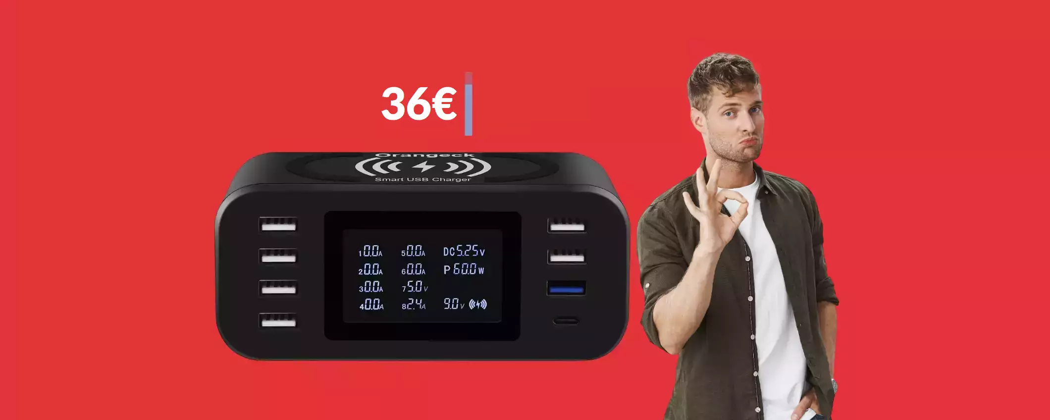 Stazione di ricarica multiporta con basetta wireless: 36€ col coupon