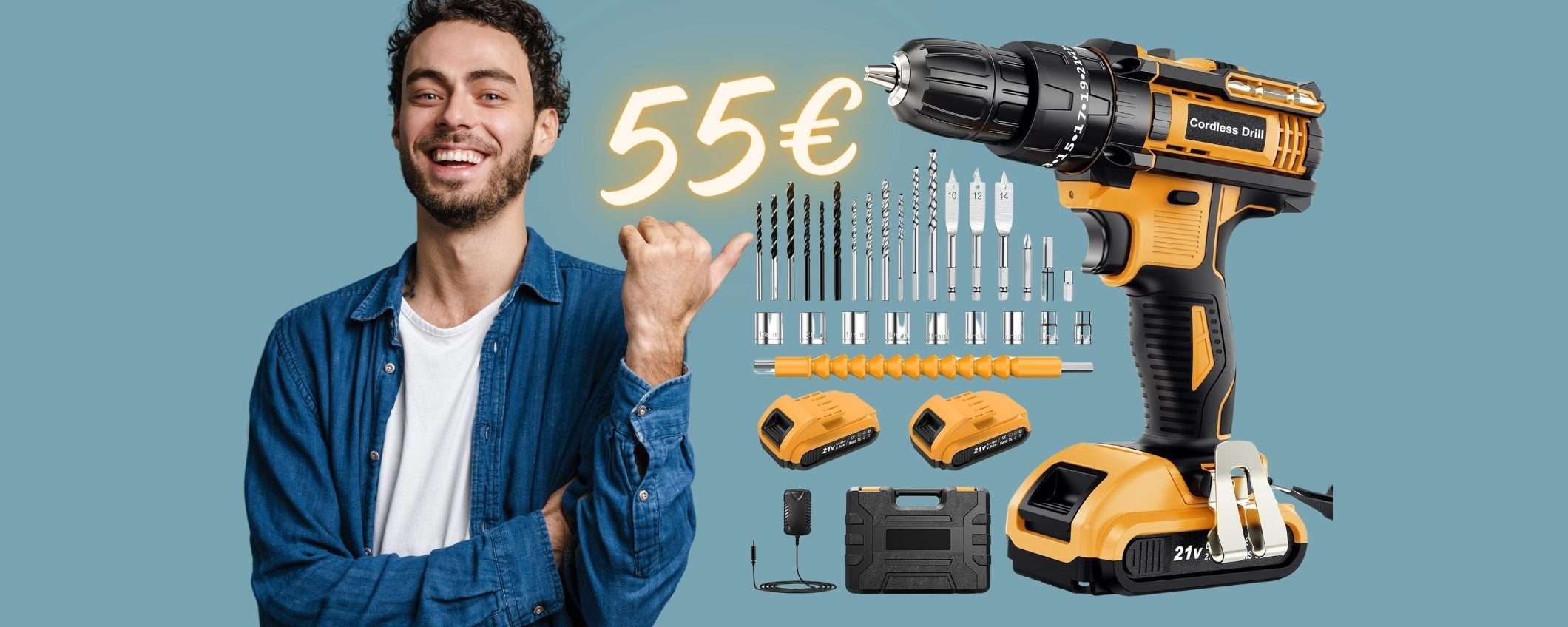 Trapano avvitatore con 2 batterie e valigetta con accessori tuo a 55€