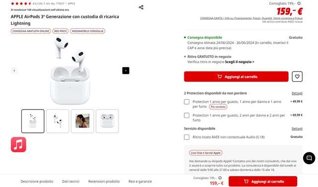 airpods 3 generazione 159 euro mediaworld