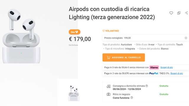 airpods terza generazione 179 euro unieuro