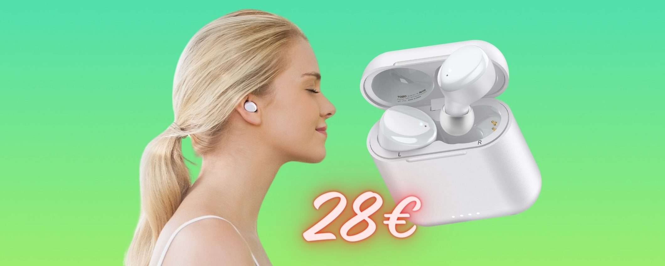 Auricolari wireless Tozo T6: 45 ore di audio, IPX8 e controlli touch (28€)