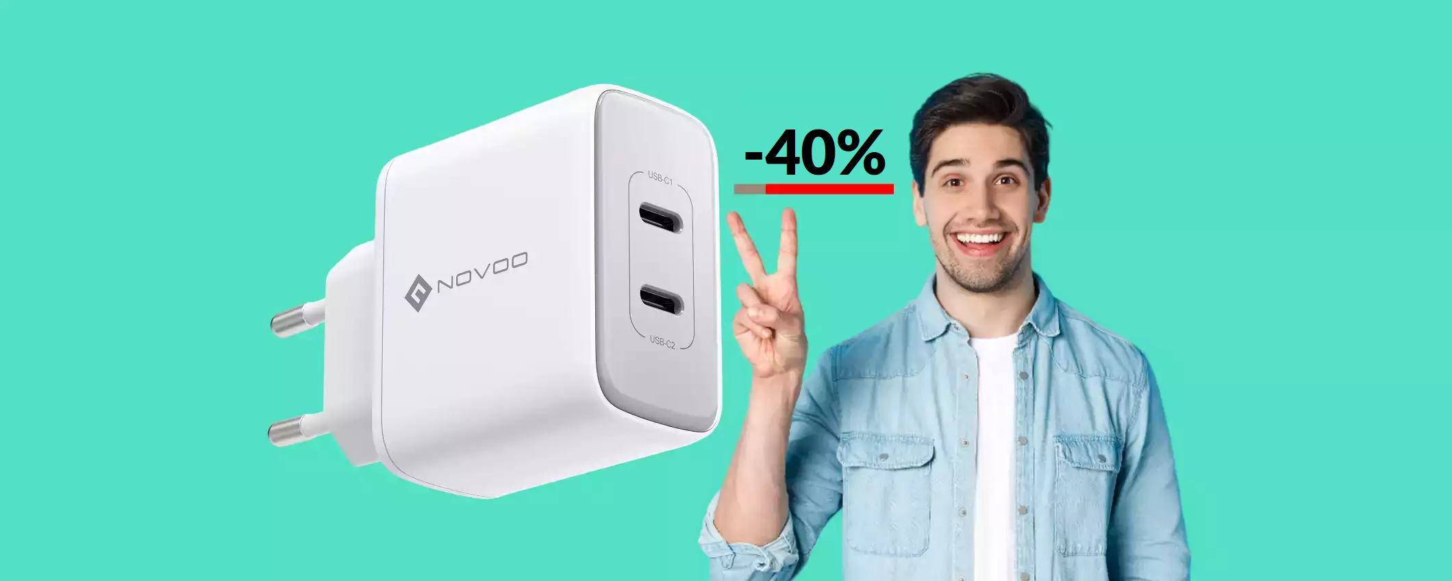 Caricabatterie USB C con 2 PORTE: solo 10€ col coupon del 40%