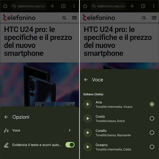 Le opzioni per personalizzare la funzionalità Ascolta questa pagine di Chrome