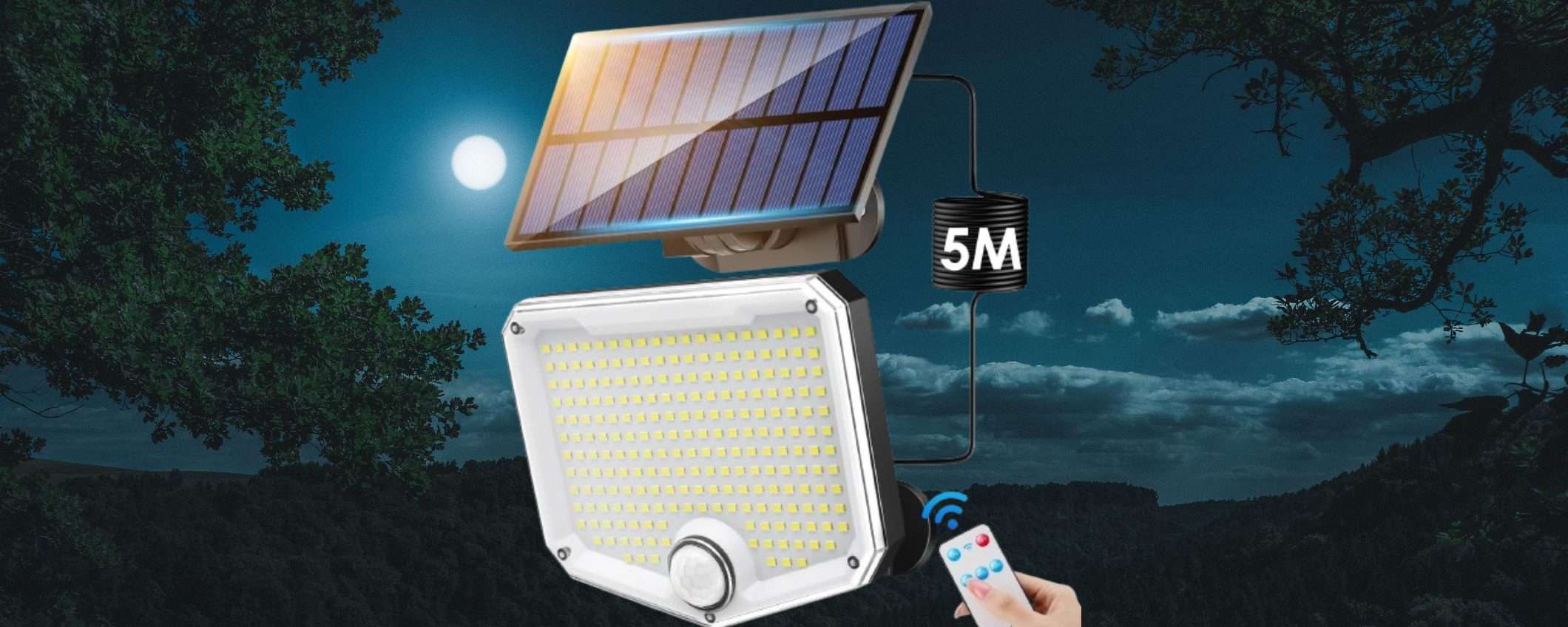 Faro solare 222 LED a 11€ su Amazon: una BESTIA per illuminare GRATIS (-40%)