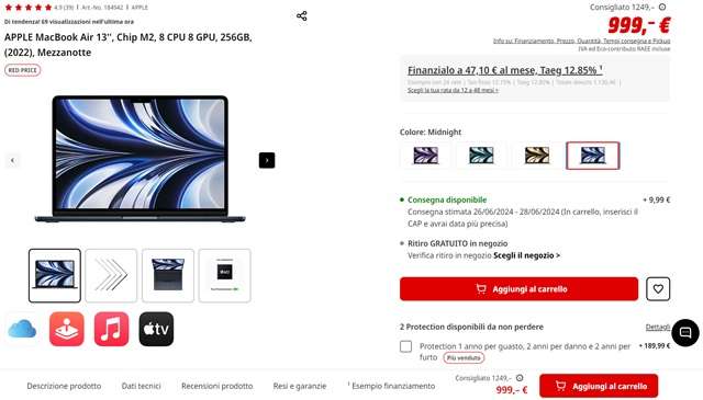 macbook air m2 999 euro mediaworld