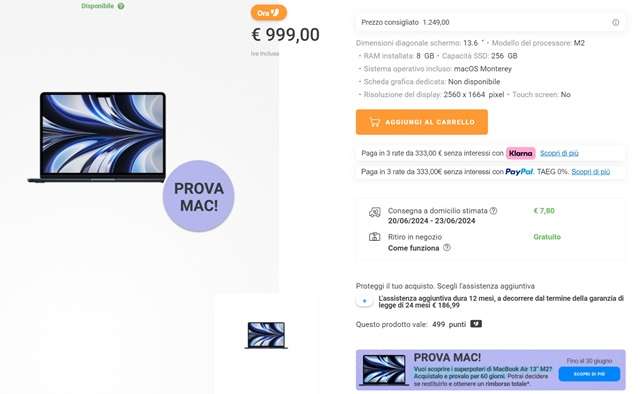 macbook air m2 999 euro unieuro