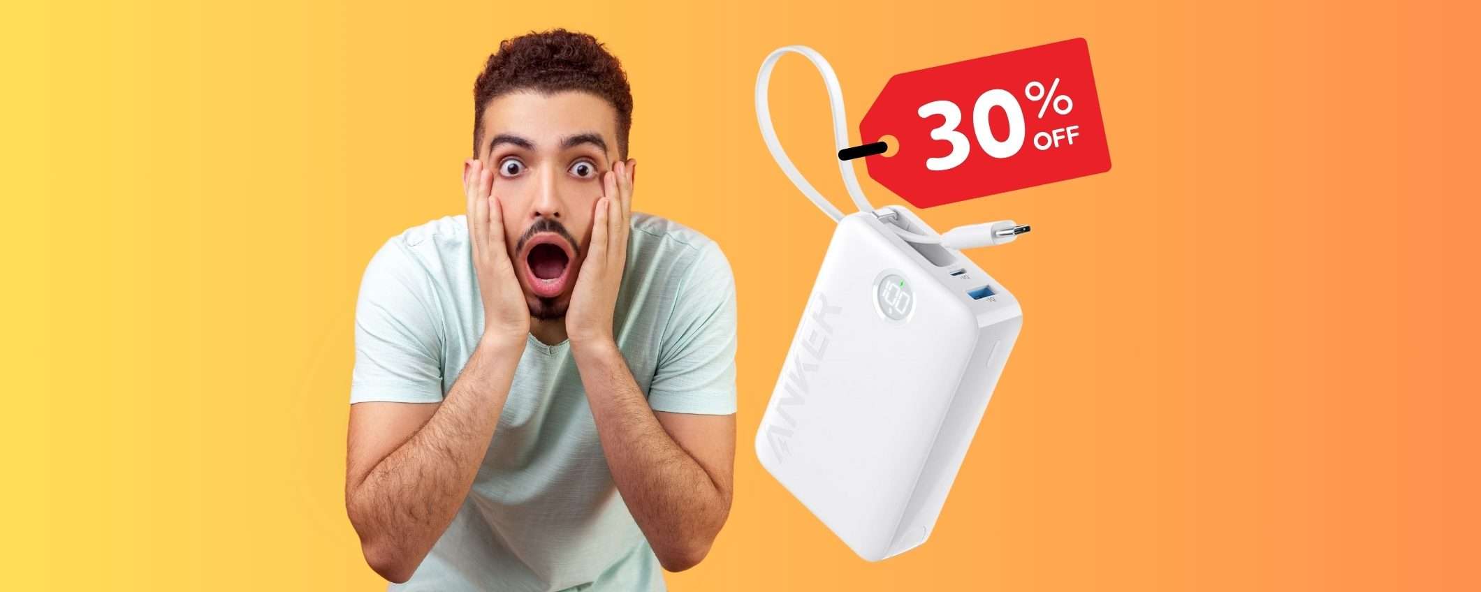 Power Bank da 20000 mAh con cavo integrato e 2 porte in SCONTO del 30%