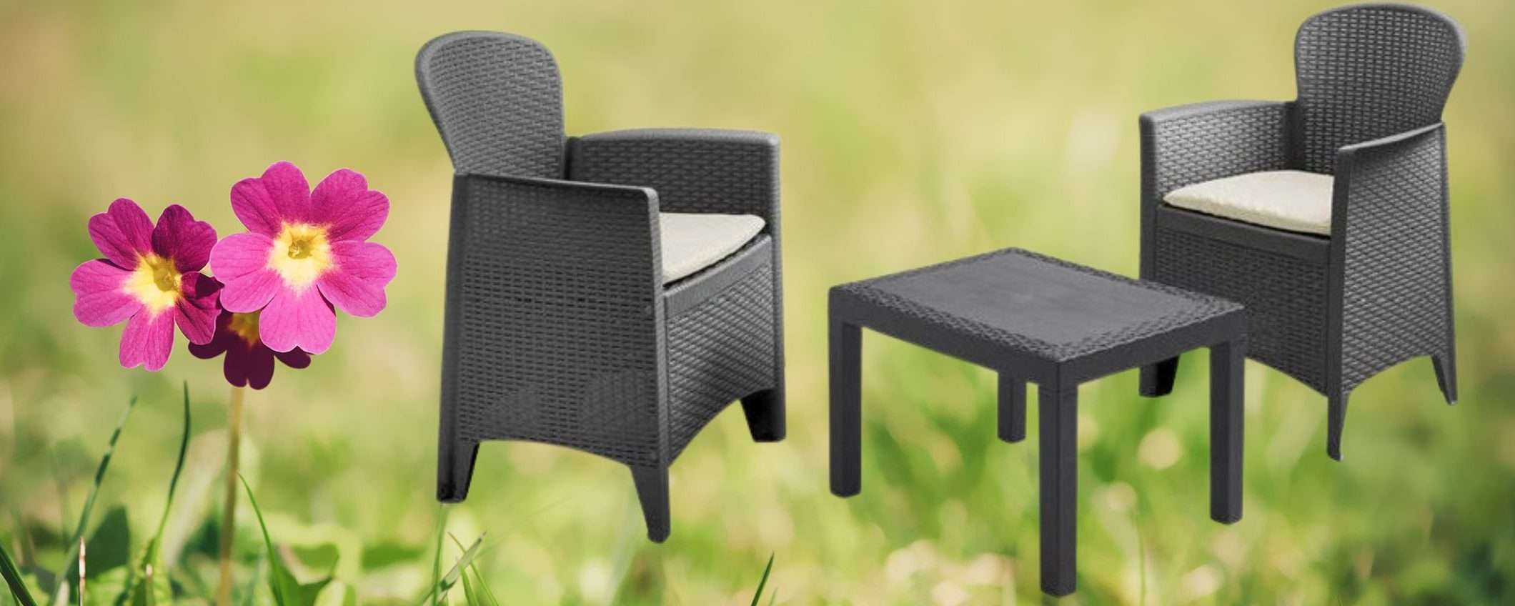 Set da giardino a 83€, una MERAVIGLIA: due poltrone con cuscini e tavolino