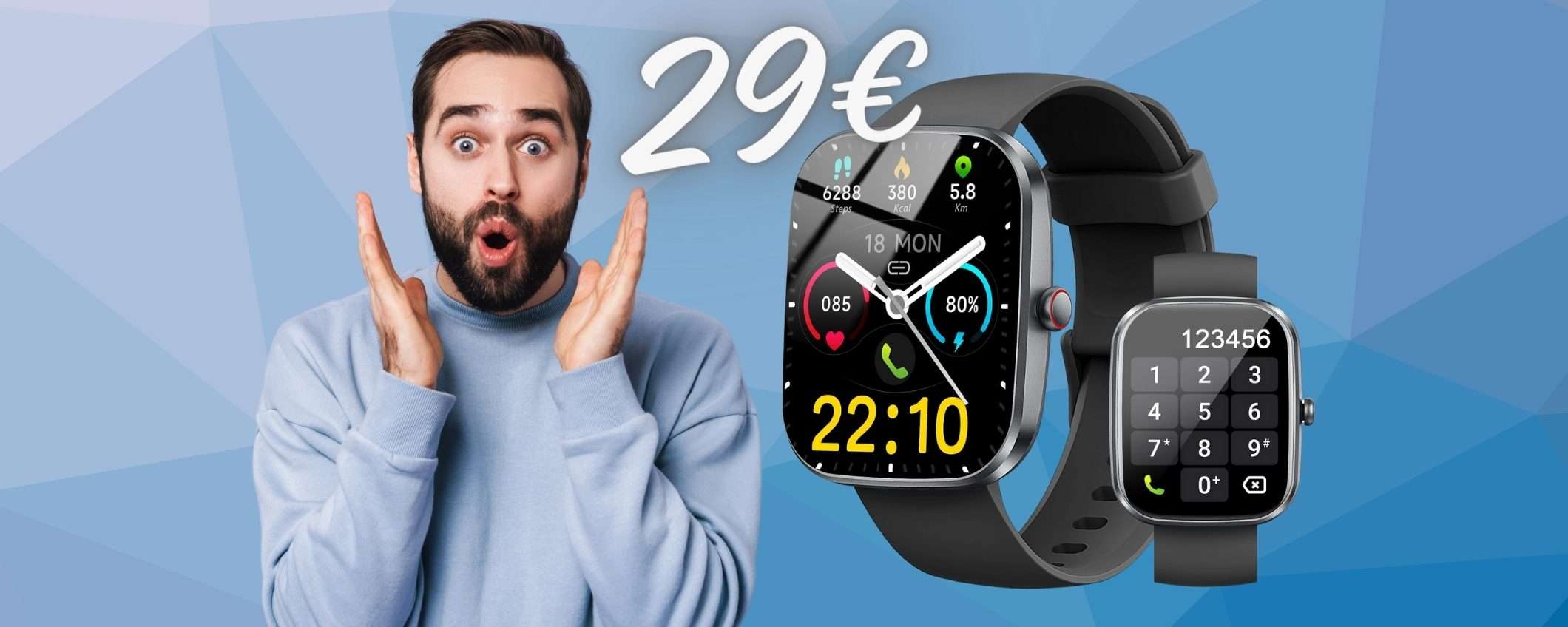 Smartwatch che fa di tutto, con 100 modalità sport e chiamate (29€)