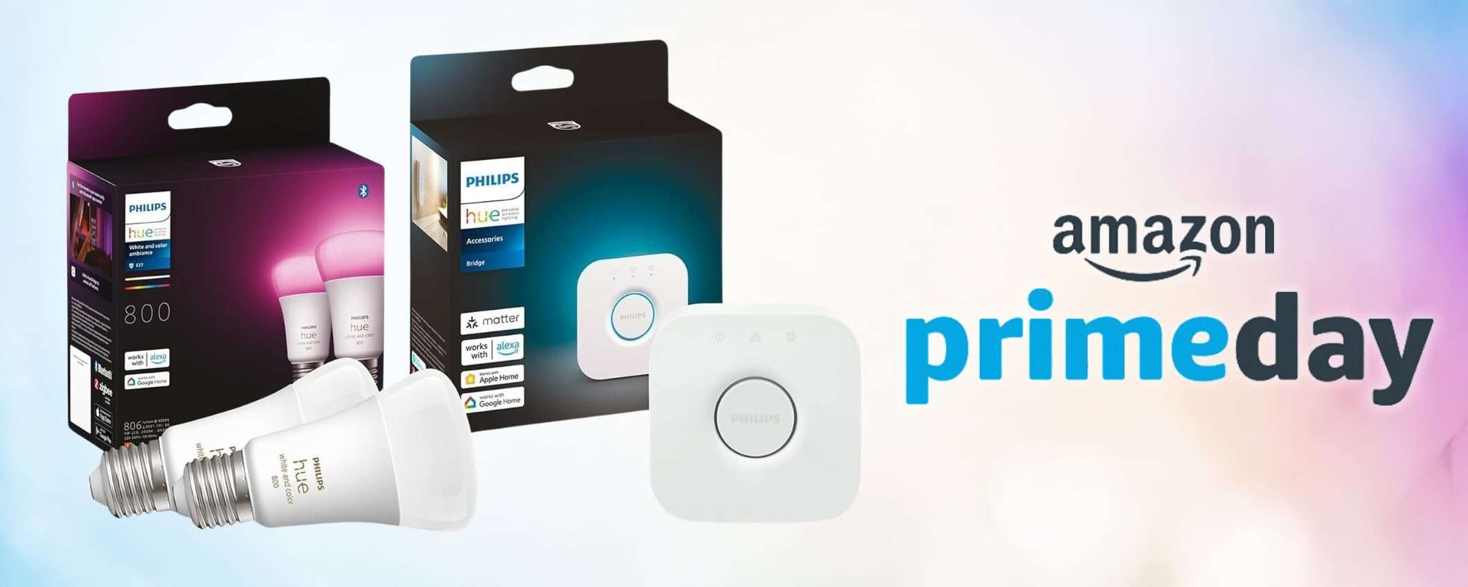 Prime Day: 2 lampadine smart Philips con Hue Bridge incluso in maxi sconto (-54%=