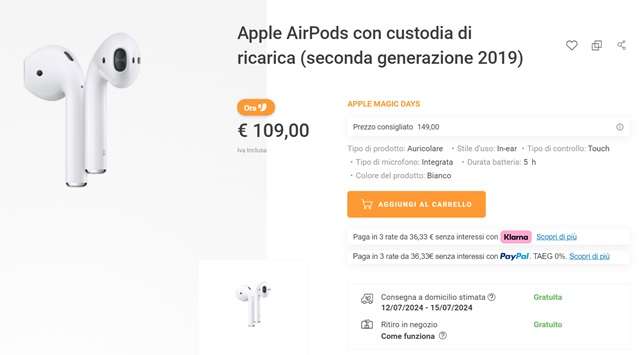 airpods 2 generazione 109 euro unieuro