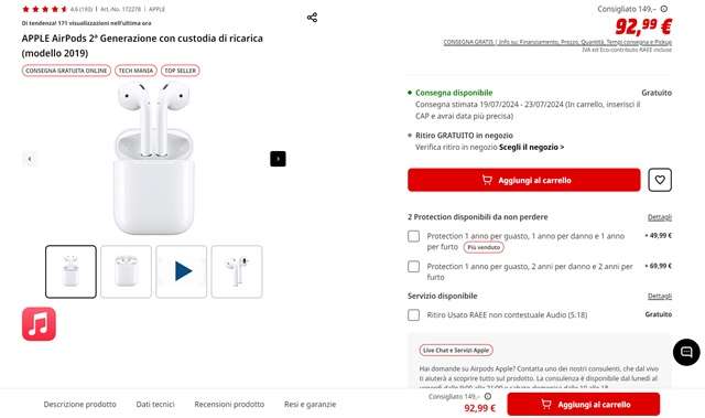 airpods 2 generazione 92 euro mediaworld