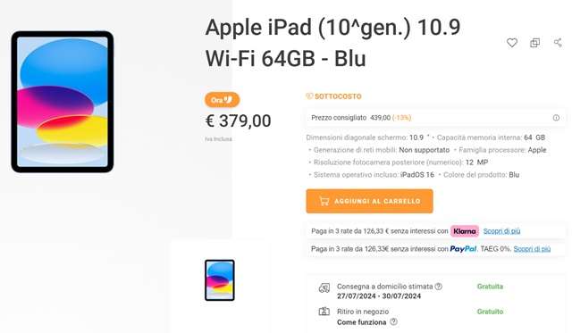 apple ipad 10 unieuro 379 euro