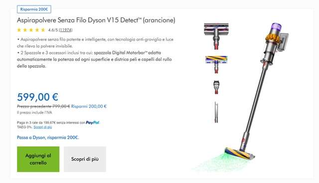 aspirapolvere senza filo dyson v15 detect 599 euro