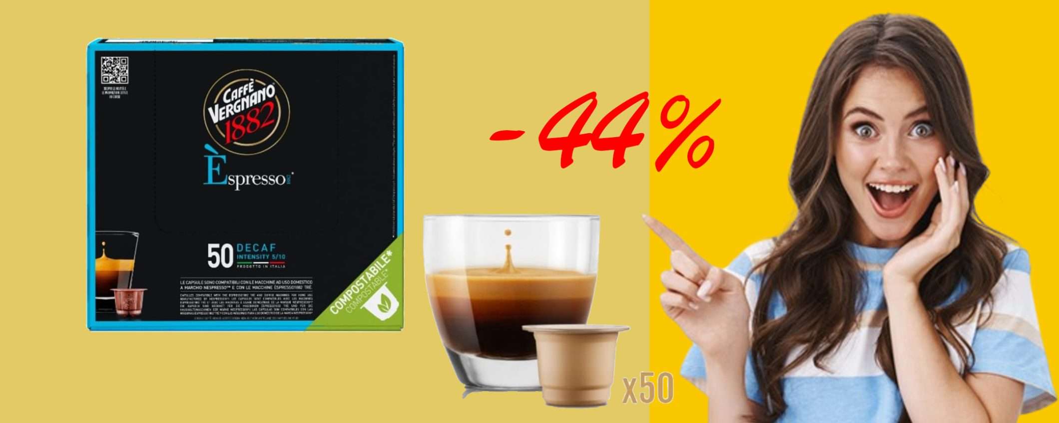 Caffè Vergnano 1882 decaffeinato (50caps): sconto BOMBA (-44%)