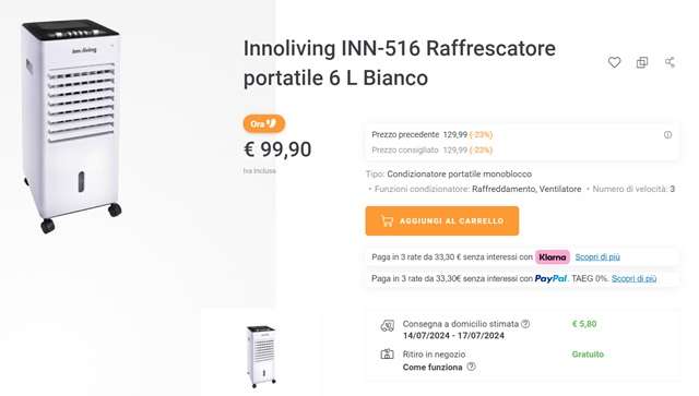 innoliving condizionatore portatile a 99 euro da unieuro