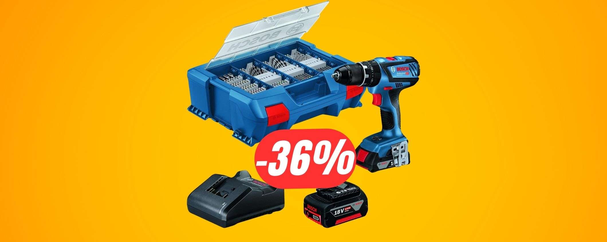 Solo 199€ per il kit Bosch definitivo con TRAPANO-AVVITATORE e 100 accessori!