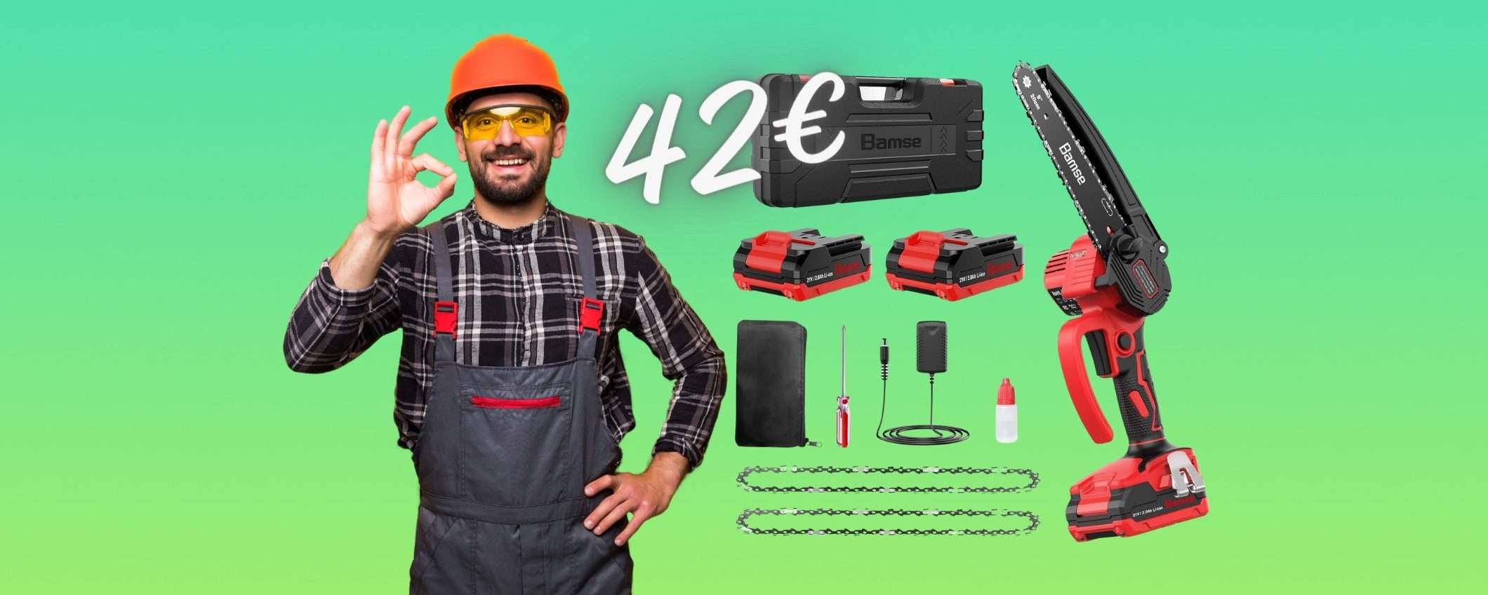 Mini motosega a batteria in OFFERTA a TEMPO su Amazon (42€)