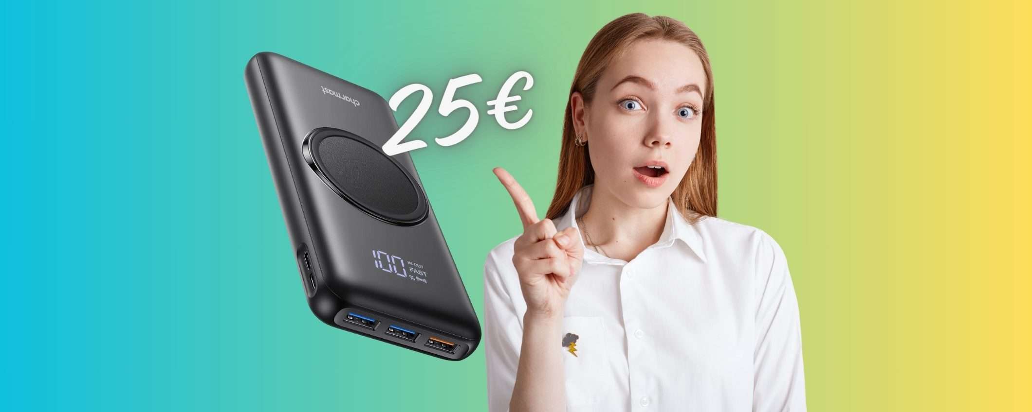 Power Bank da 20000mAh con ricarica wireless e 4 uscite a SOLI 25€