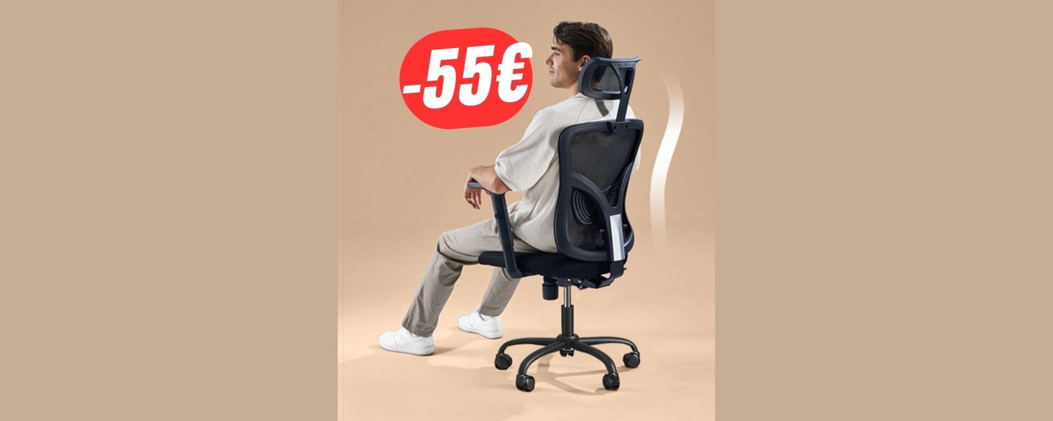 -55€ di SCONTO per la sedia ergonomica, traspirante e con supporto per schiena e collo!