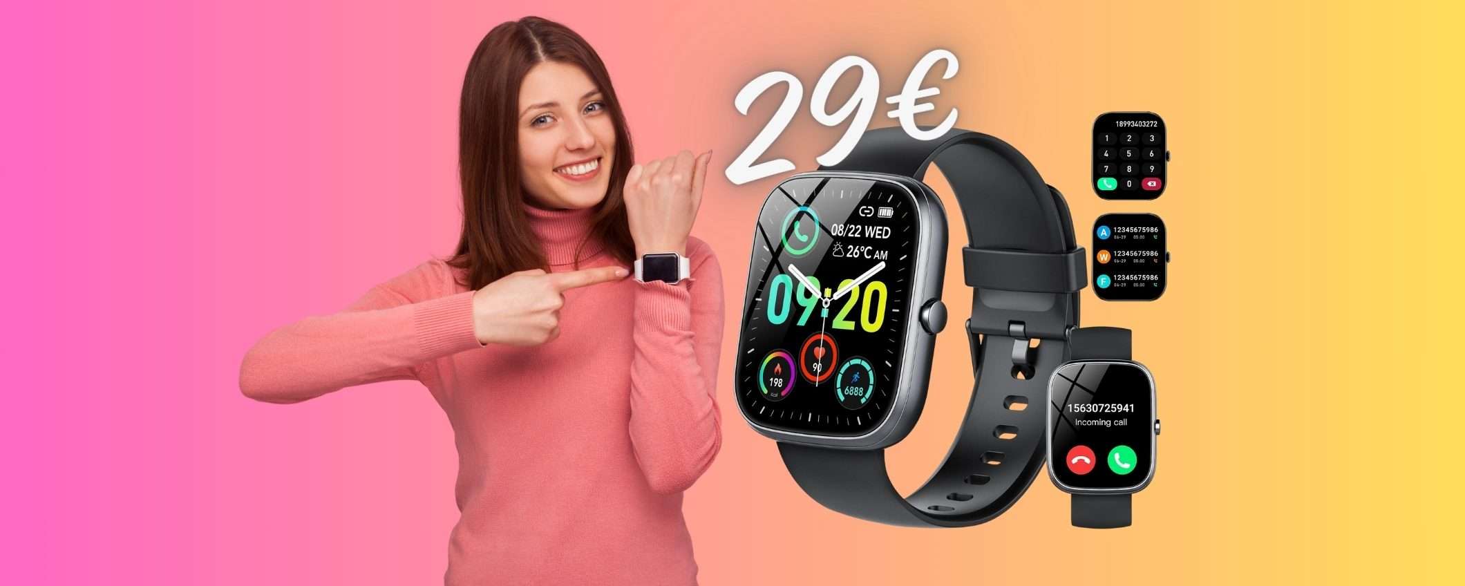 Smartwatch con + di 100 modalità sportive e microfono per chiamate a 29€