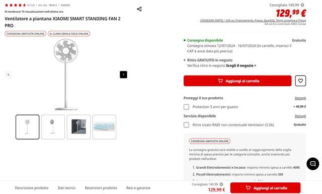 ventilatore a piantana xiaomi 129 euro mediaworld