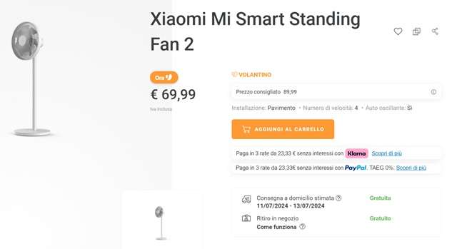 xiaomi mi smart standing fan 2 69 euro da unieuro