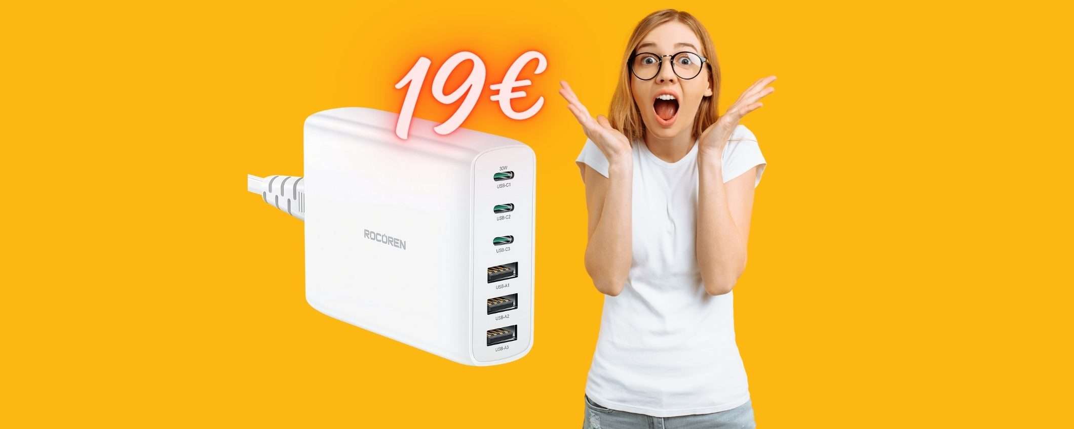 Caricatore USB da 100W con 6 uscite in TRIPLO SCONTO su Amazon (19€)