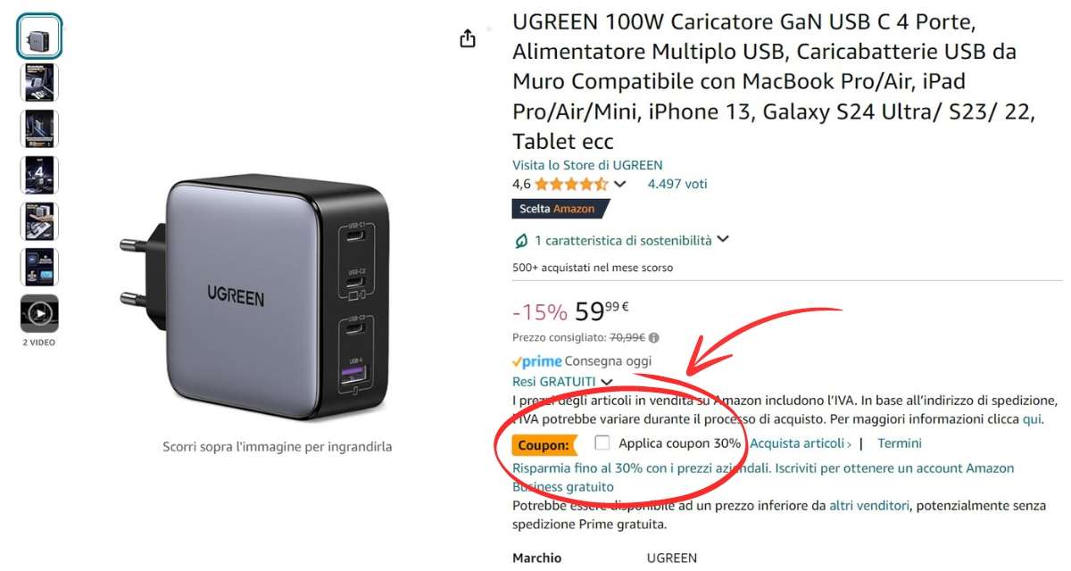 offerta-super-amazon-questo-caricatore-usb-100w-4-uscite-29e-coupon