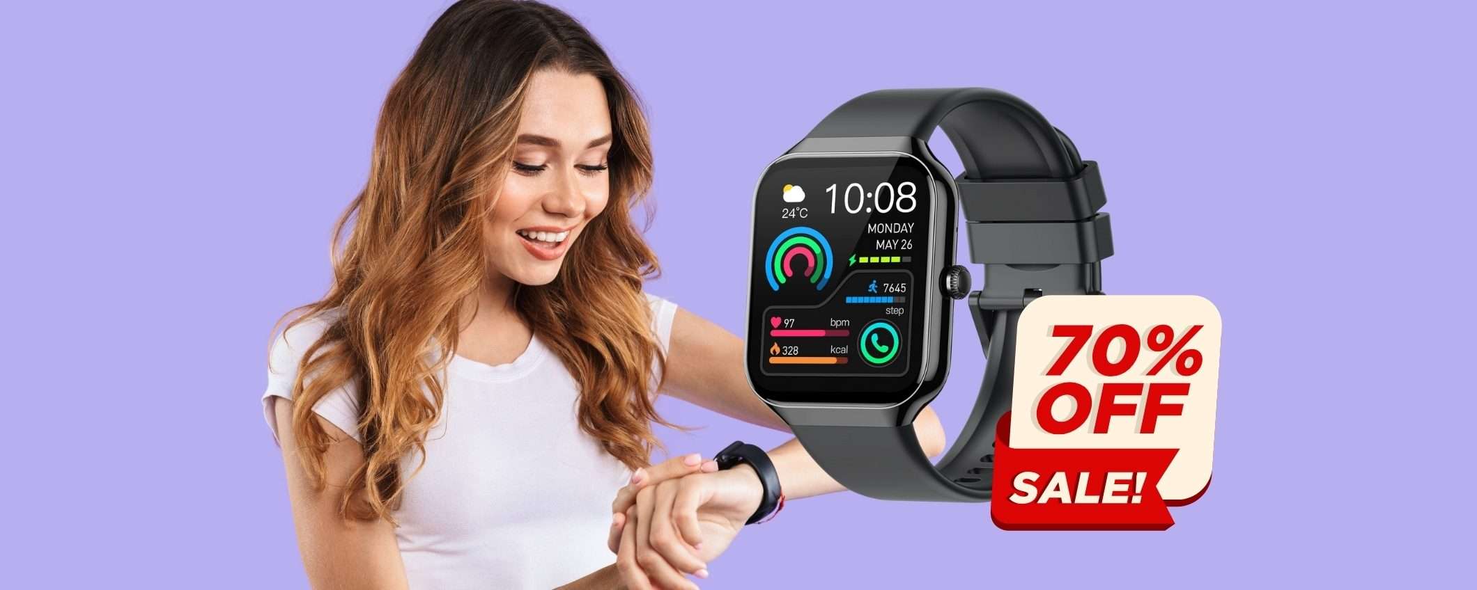 Smartwatch con microfono per chiamate e 113 profili sport, SCONTO 70%