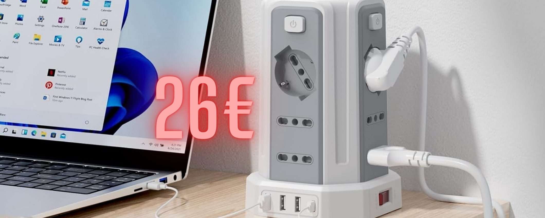 Ciabatta multipresa a torretta salvaspazio con 12 prese e 4 USB, solo 26€