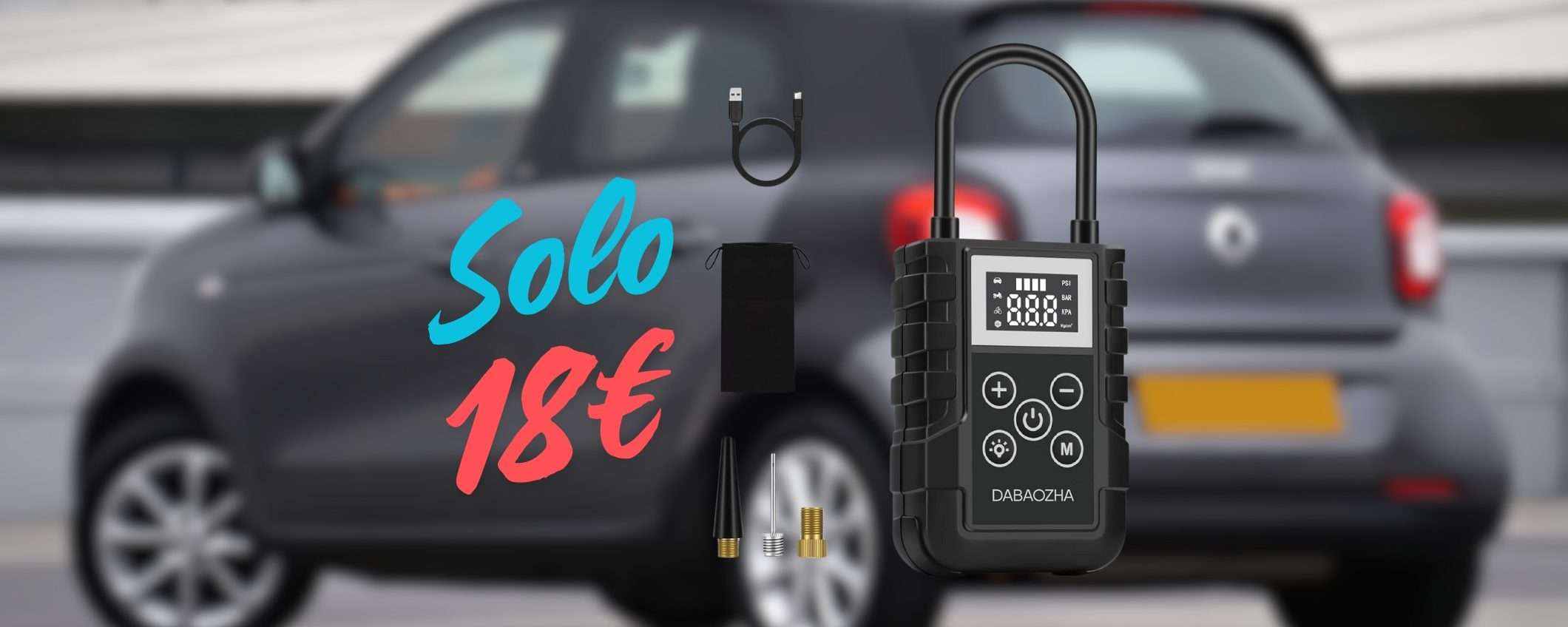 Compressore portatile con 4 modalità, display LED e accessori (18€)