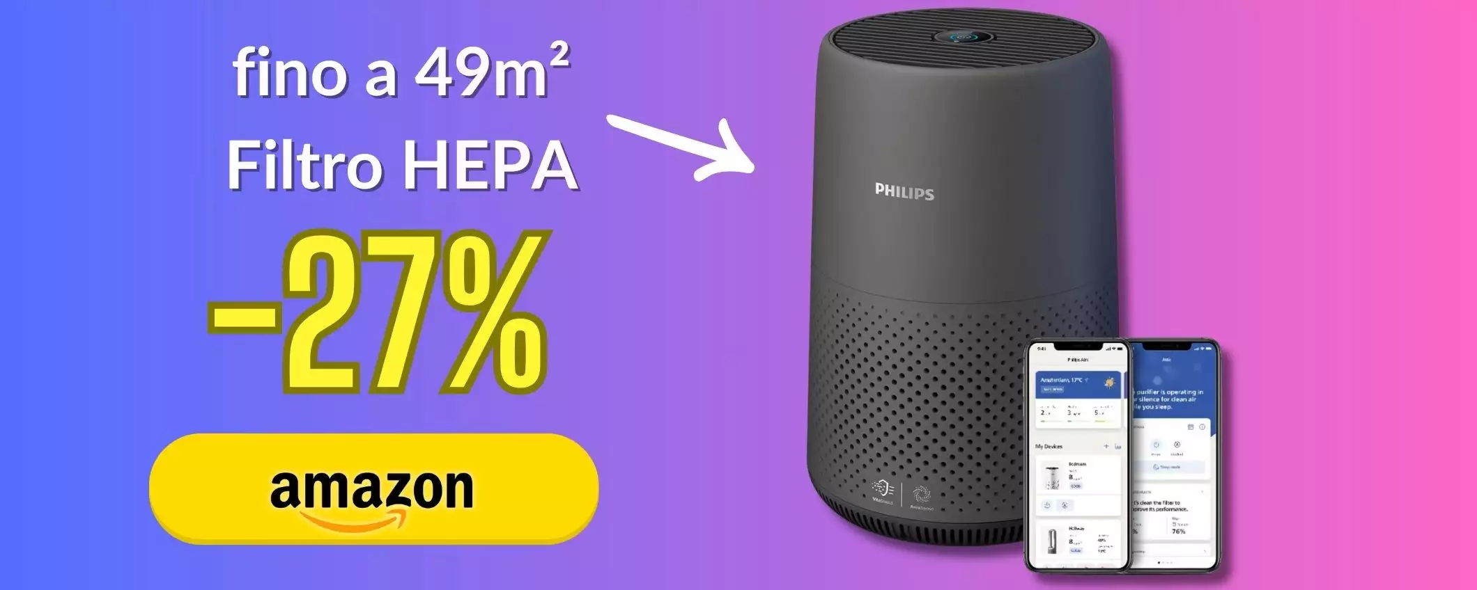 Philips Purificatore Aria: rimuove allergeni e virus con filtro HEPA, -27%