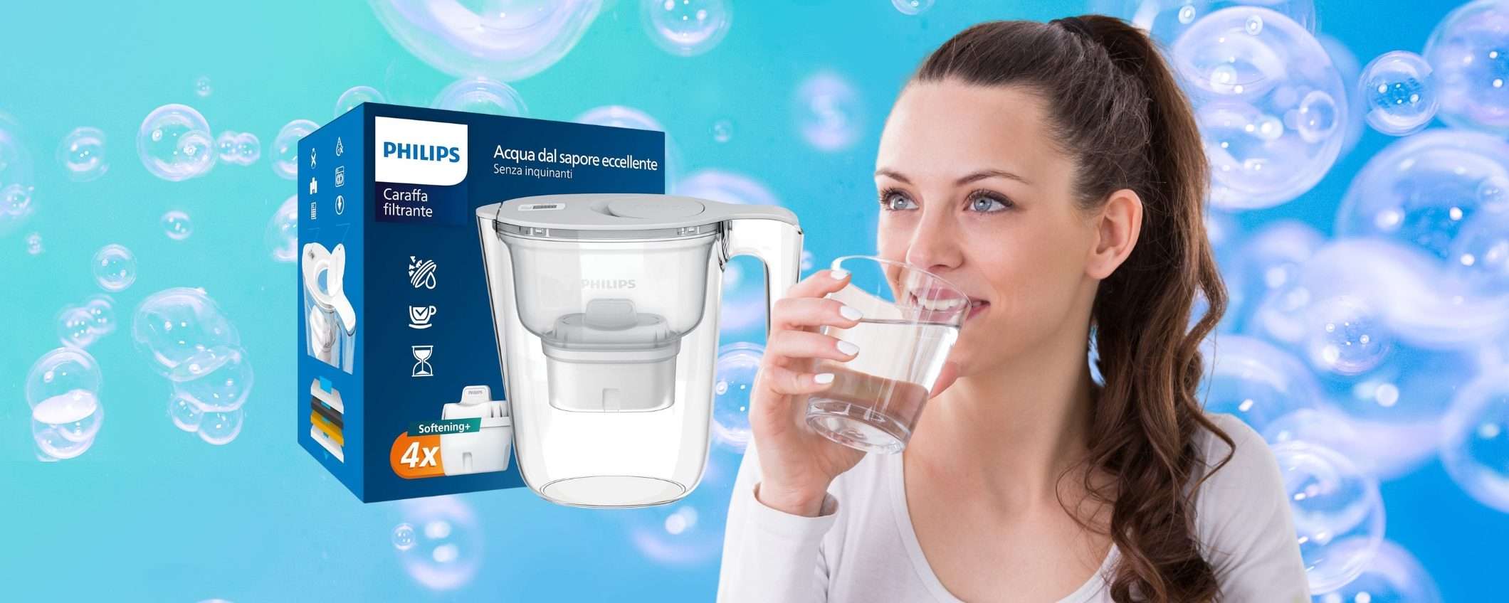 Caraffa filtrante Philips con 4 cartucce: acqua più sana per 4 mesi (25€)