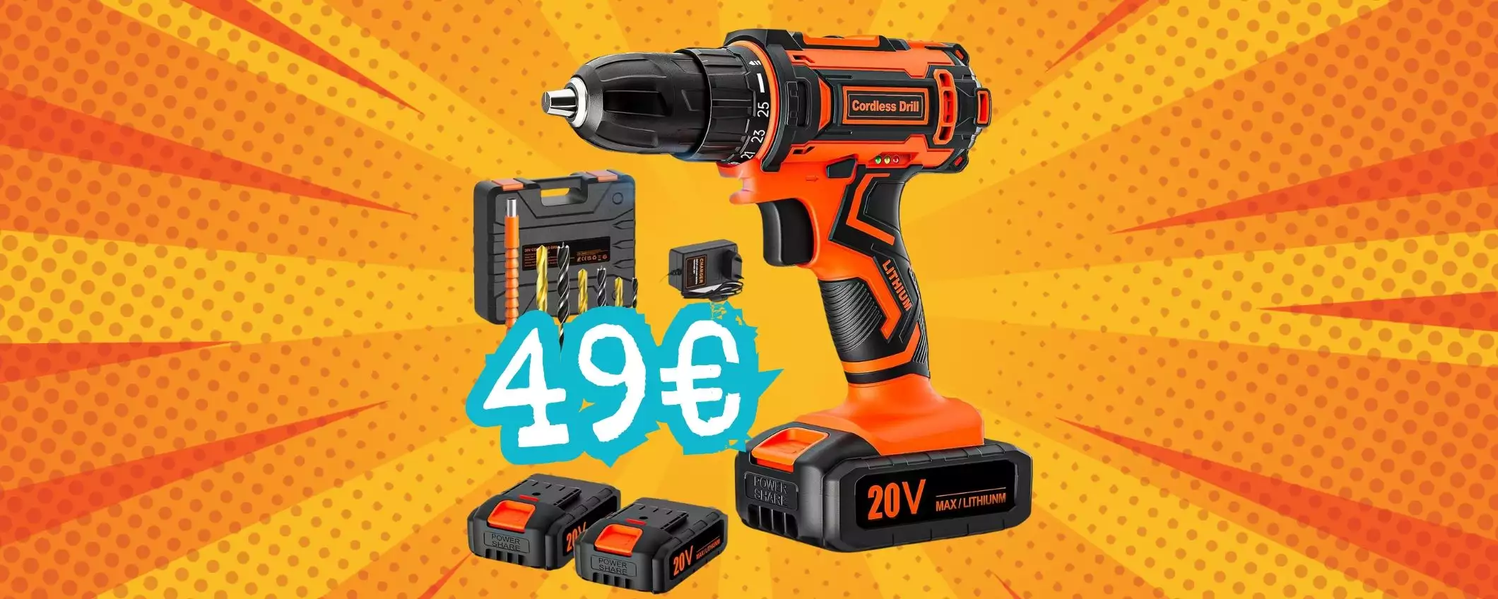 Solo 49€ per questo Trapano Avvitatore a batteria con tanti accessori e valigetta