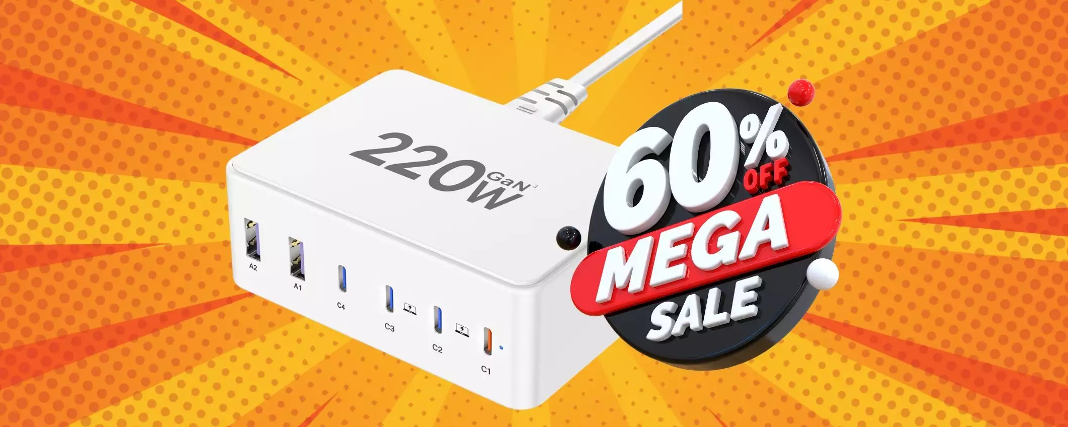 Sconto del 60% per questo ottimo caricatore USB da 220 W e 6 uscite