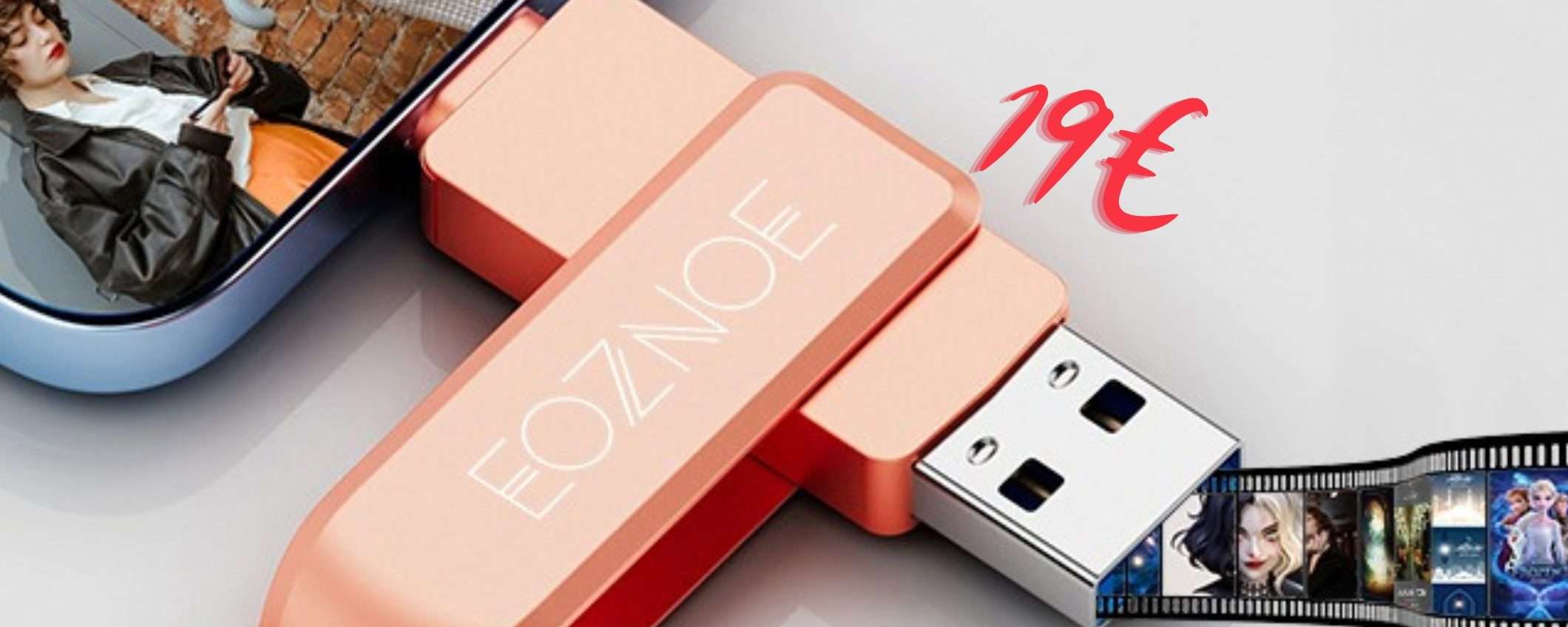 Chiavetta USB da 128GB con 2 connettori, anche per smartphone (19€)