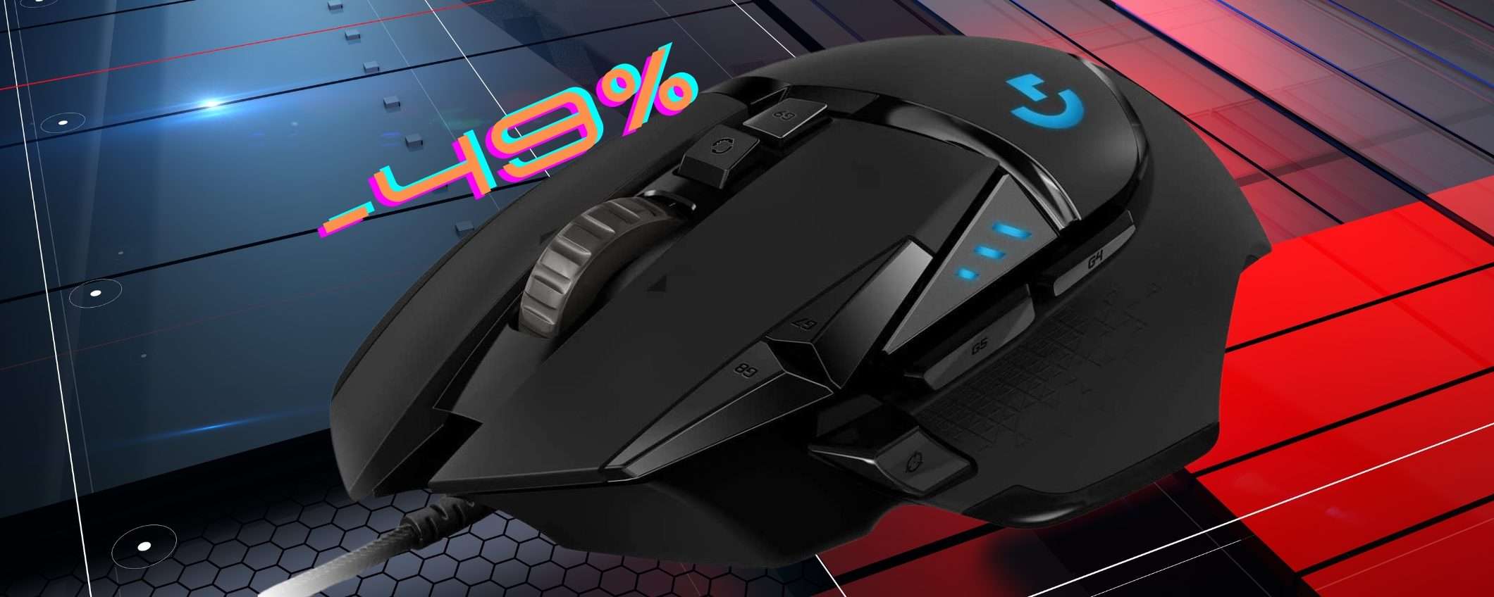 Logitech G502: mouse da gaming con sensore HERO e 11 pulsanti (-49%)