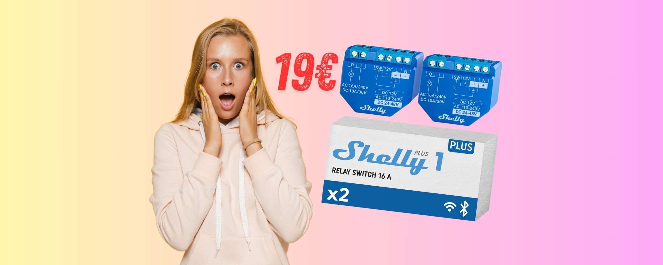 Il relè Shelly Plus 1, nella confezione da 2, per una casa smart a soli 19€