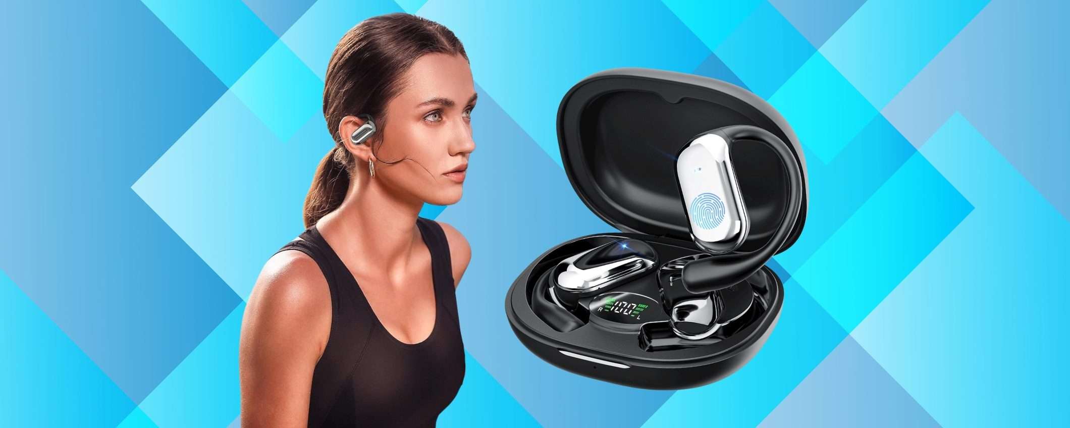 Auricolari wireless impermeabili perfetti gli sportivi con gancetti e 40h di audio