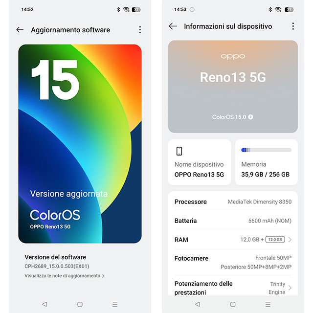 Il sistema operativo è Android 15 con ColorOS 15