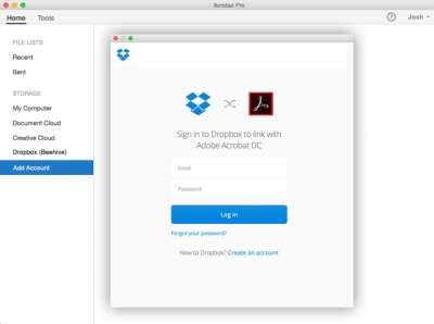 L'interfaccia per sincronizzare Dropbox e Acrobat