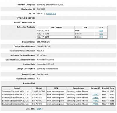 Certificazione SIG per il Galaxy A7 (2016)