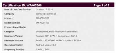 Certificazione Wi-Fi per Galaxy A5 (2017)