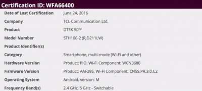 DTEK 50, certificazione Wi-Fi